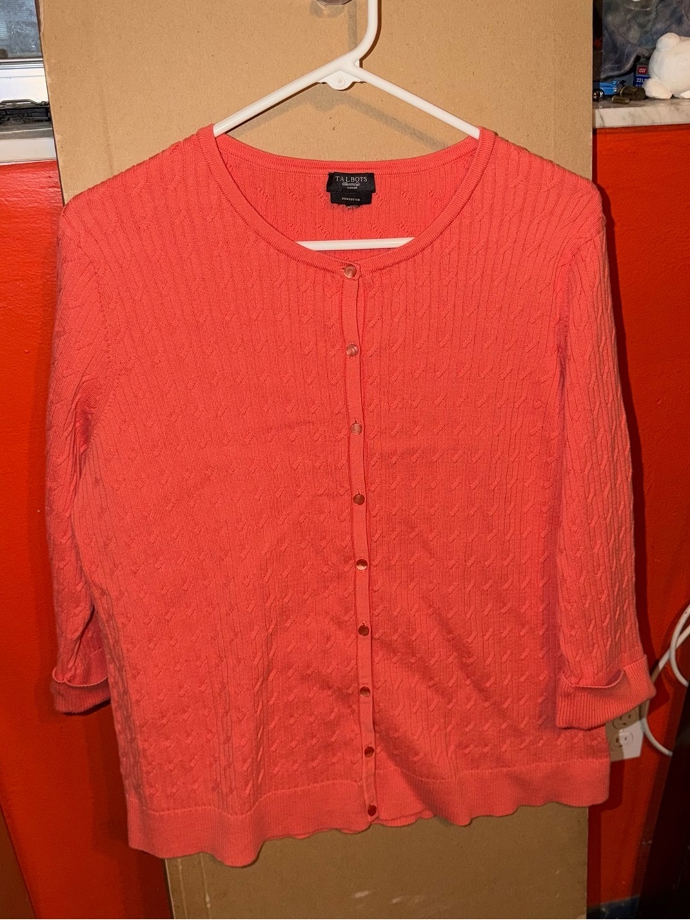 Talbots Coral Cable-Knit Button Cardigan Cuffed Sleeves
